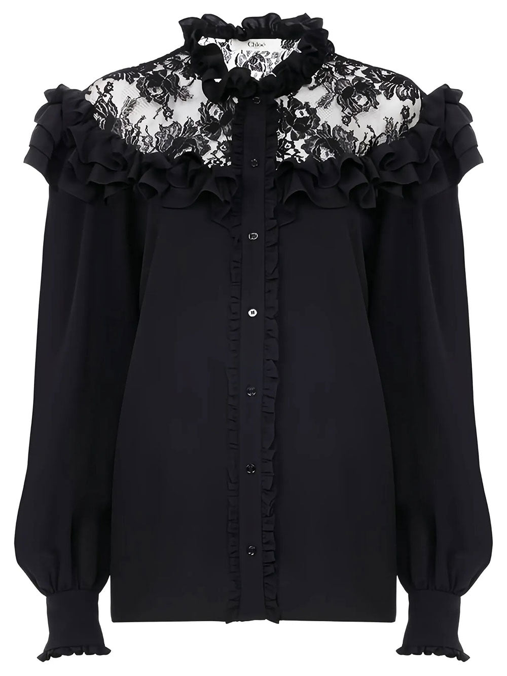 Chloe Women Blusa A Collo Alto Con Volant In Crêpe De Chine E Pizzo CHLOE