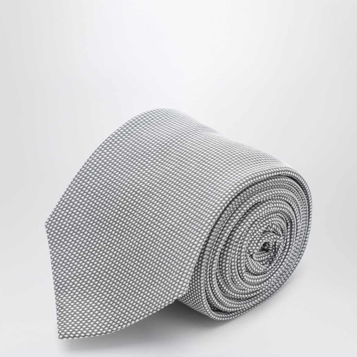Ferragamo Pearl Grey Silk Tie With Micro-Check Pattern Men FERRAGAMO
