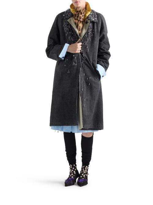Prada Women Single-Breasted Overcoat In Mouliné Prince Of Wales Check And Embroidered Twill PRADA
