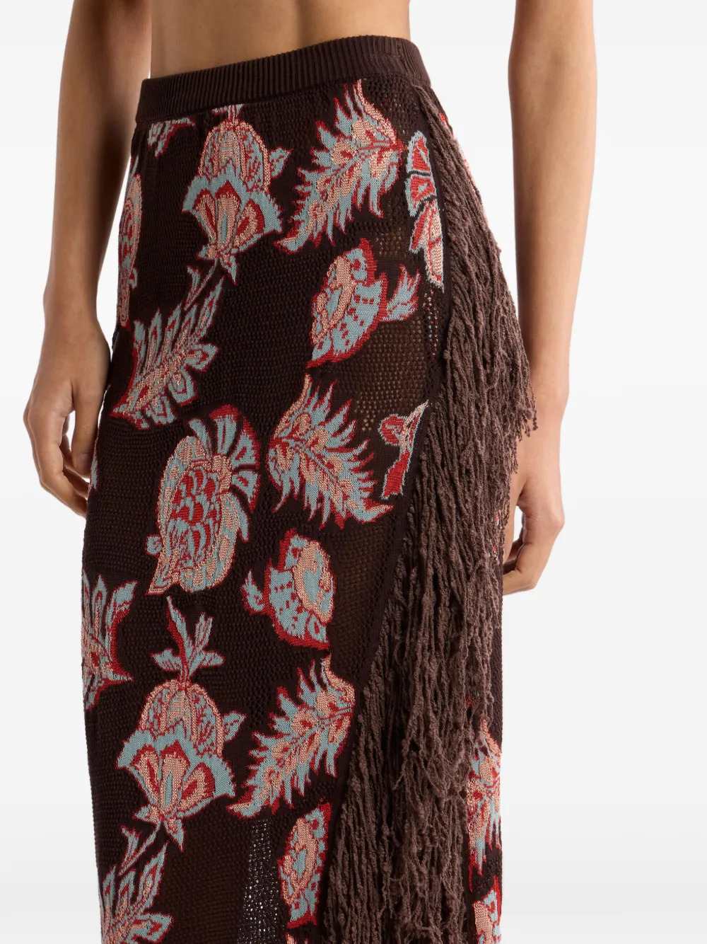 Etro Women Long Cotton Blend Jacquard Skirt With Fringe And Floral Pattern ETRO