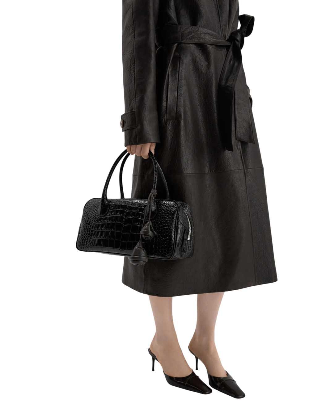 Magda Butrym Women Brigitte Bag In Dark Brown Crocodile-Embossed Leather With A Flower-Shaped Charm. MAGDA BUTRYM