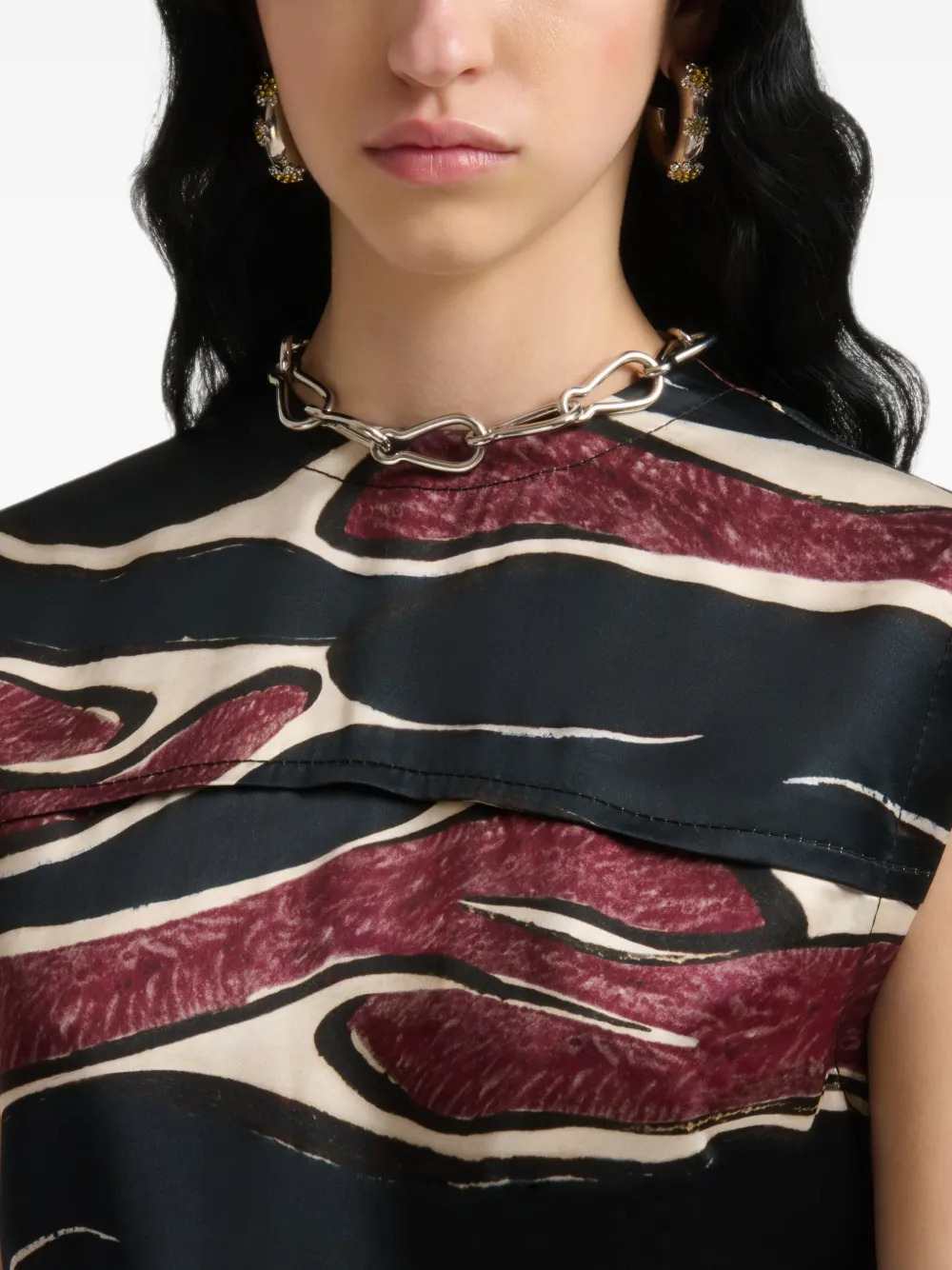 Marni Women Black Viscose Dress With Crimson Wave Print MARNI