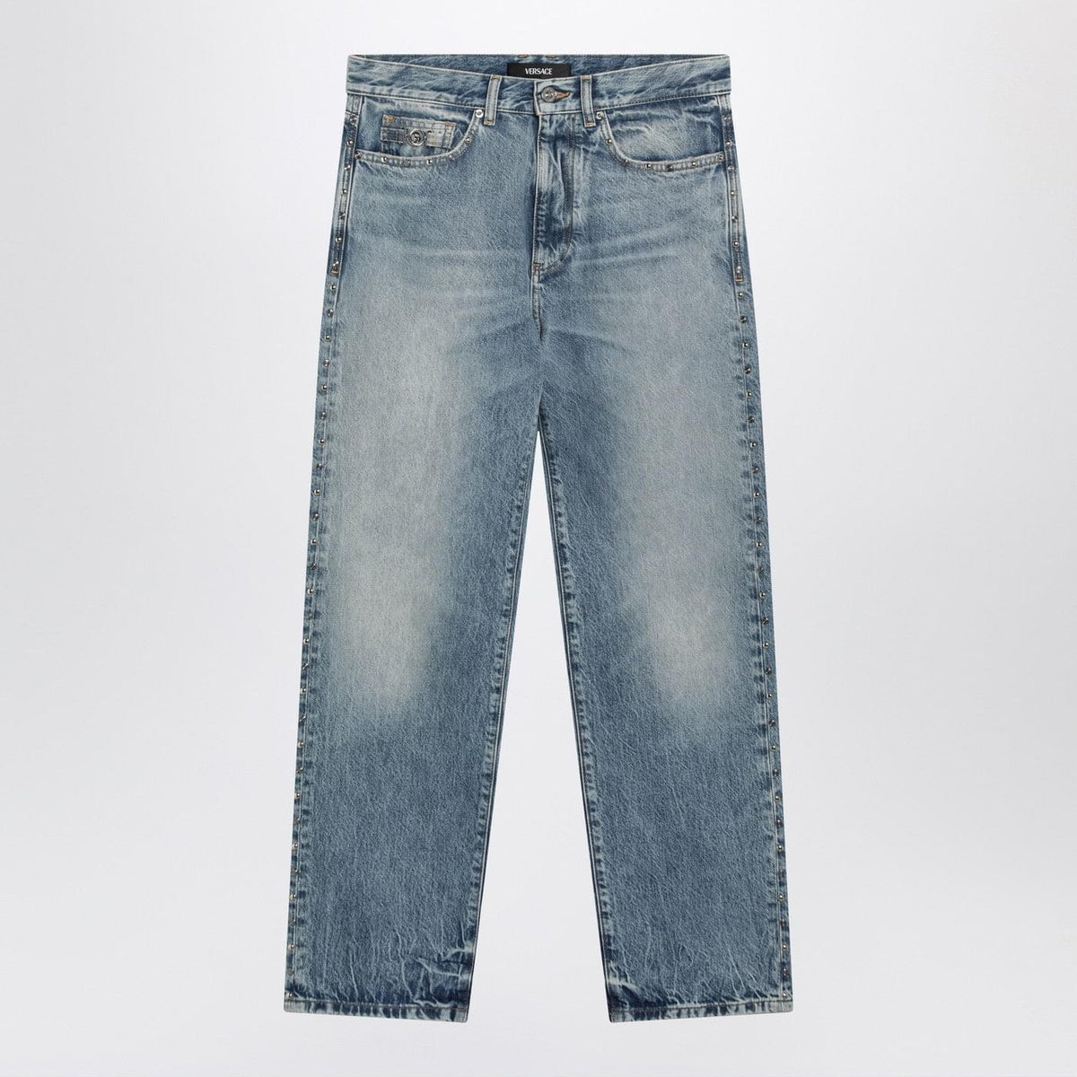 Versace Blue Washed-Effect Jeans With Small Studs Men VERSACE
