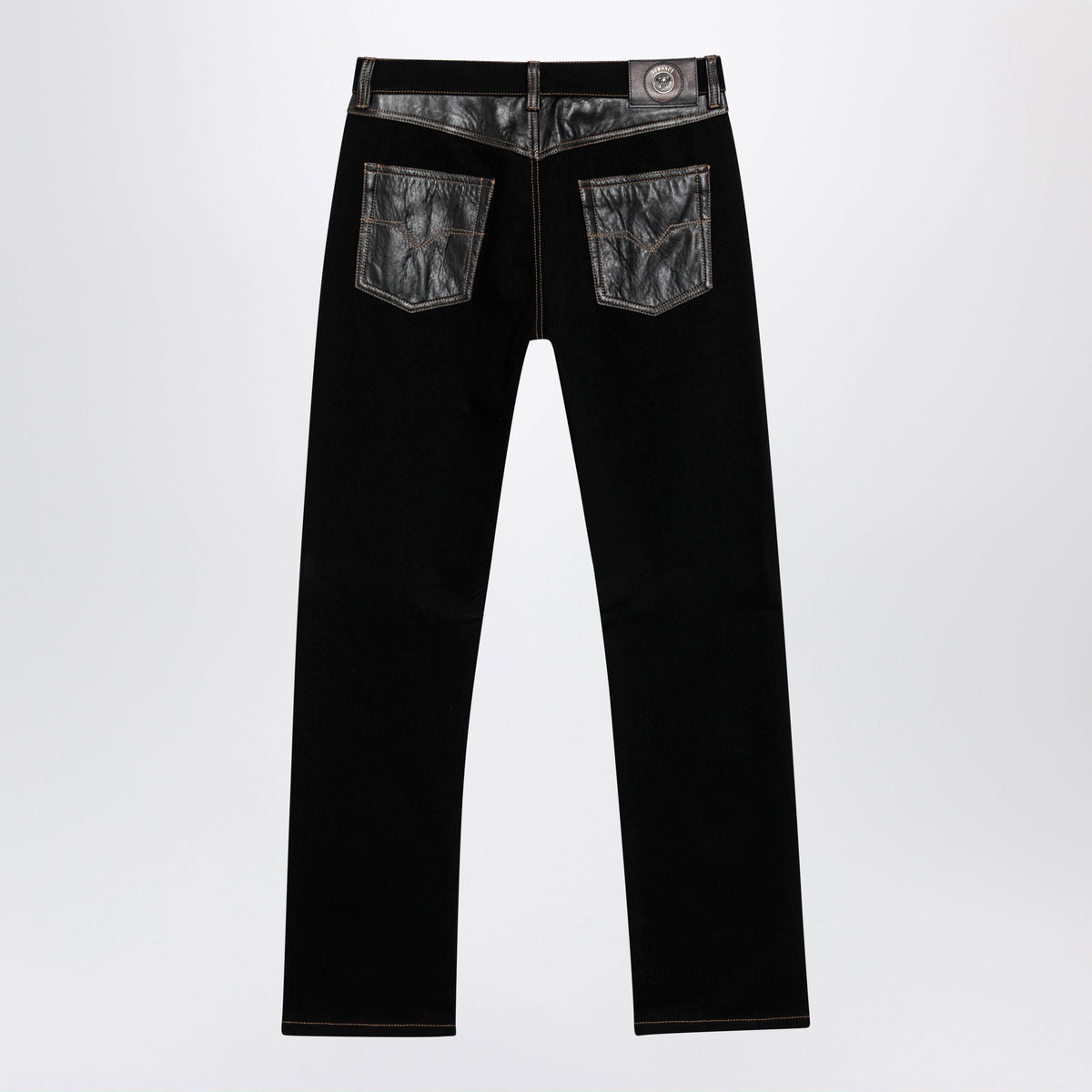 Versace Straight-Leg Denim And Leather Jeans In Black Men VERSACE