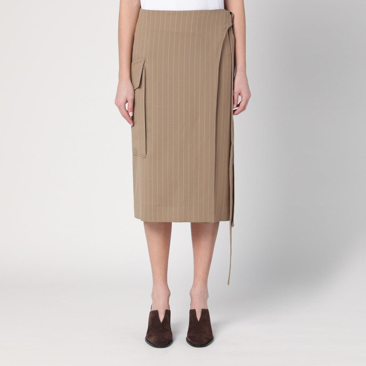 Victoria Beckham Sand-Coloured Pinstriped Wrap Skirt Women Women VICTORIA BECKHAM