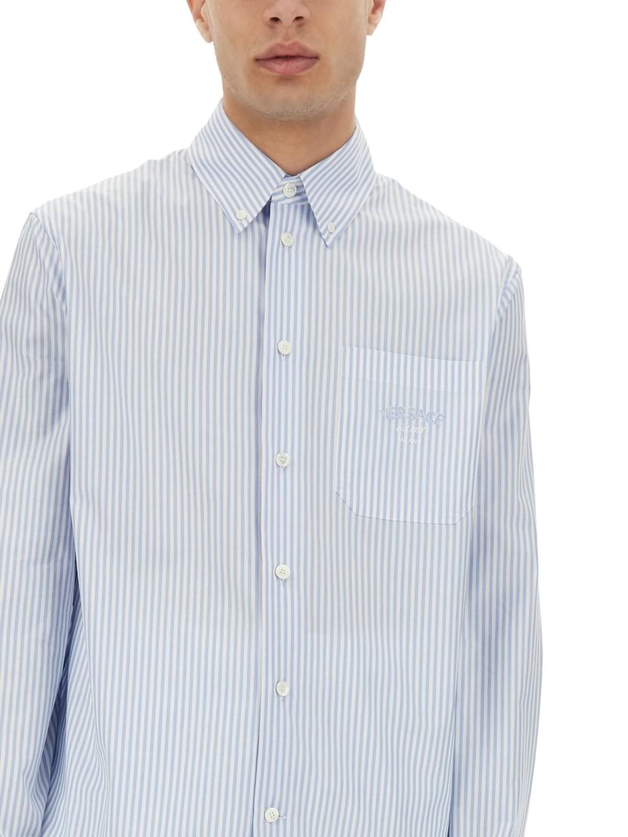 Versace Men Striped Shirt With Silk Printed Insert VERSACE
