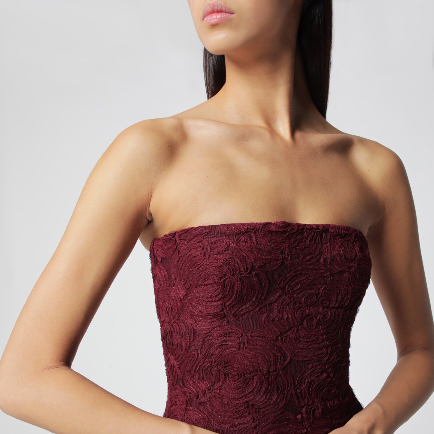 Rotate Burgundy Floral Mesh Ruffle Dress Women ROTATE
