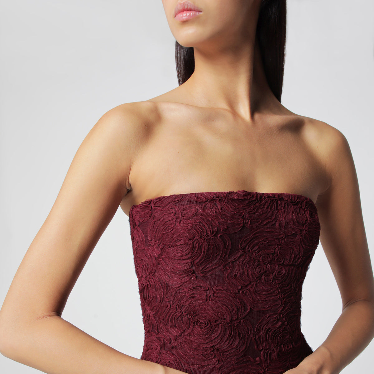 Rotate Burgundy Floral Mesh Ruffle Dress Women ROTATE