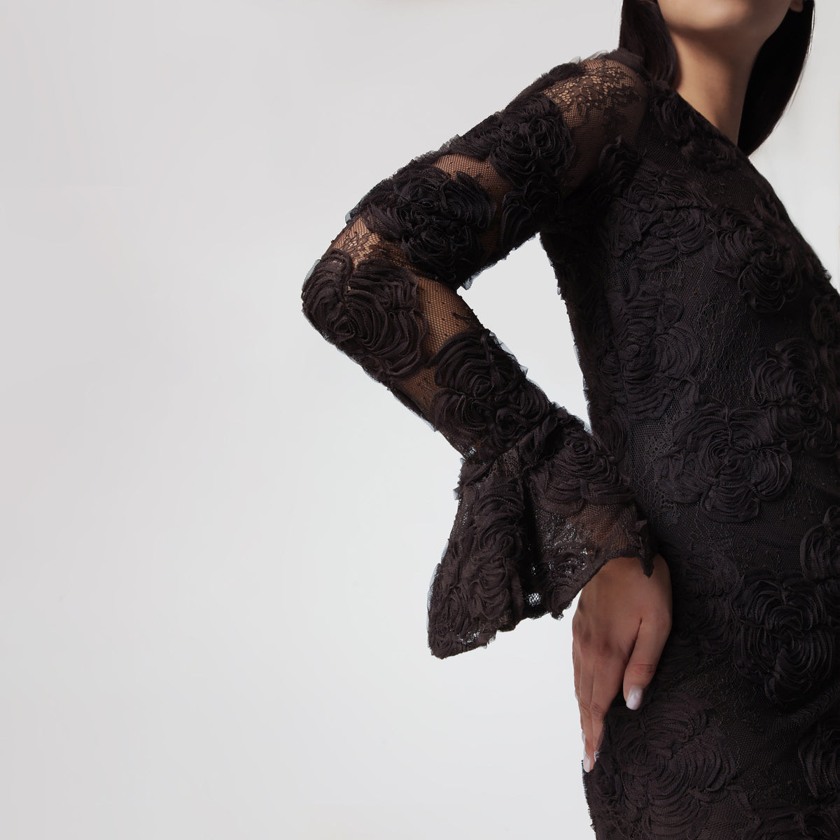 Rotate Dark Brown 3D Flower Floral Lace Mini Dress Women ROTATE