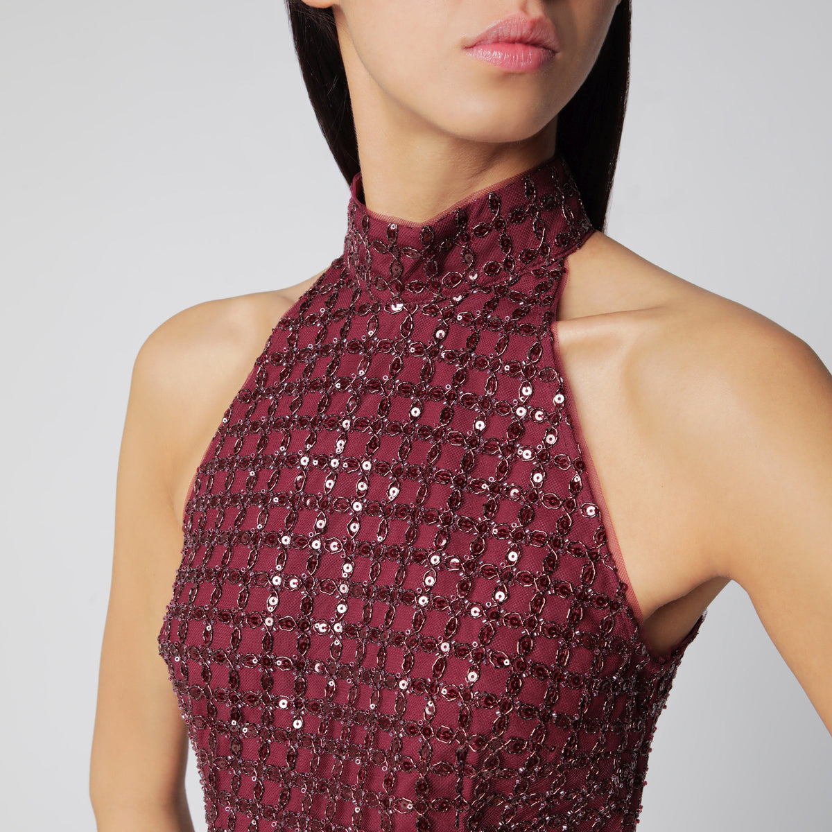 Rotate Burgundy Beaded Maxi Dress Women ROTATE