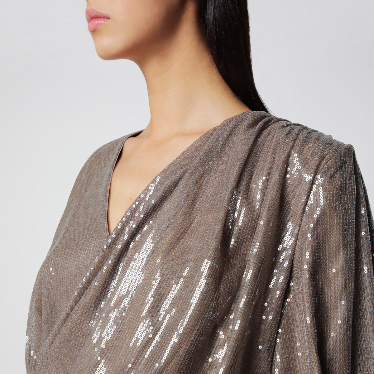 Rotate Sequin Long-Sleeve Mini Dress In Fossil Beige Women ROTATE