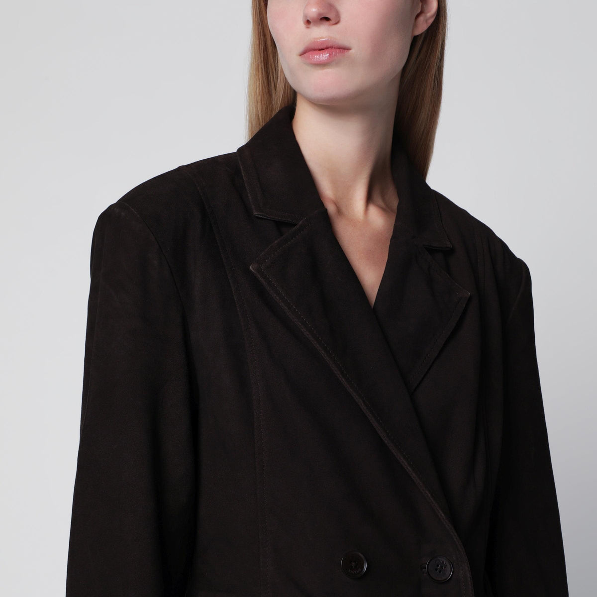 Rotate Dark Brown Double-Breasted Suede Coat Women ROTATE