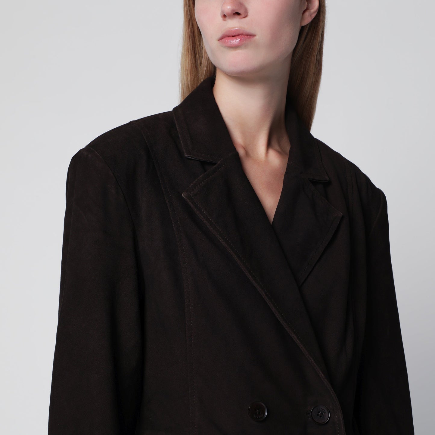 Rotate Dark Brown Double-Breasted Suede Coat Women ROTATE