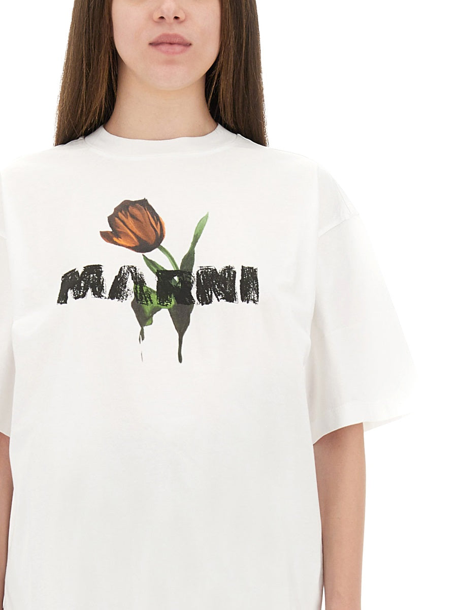 Marni Women White Cotton T-Shirt With Tulip Print MARNI