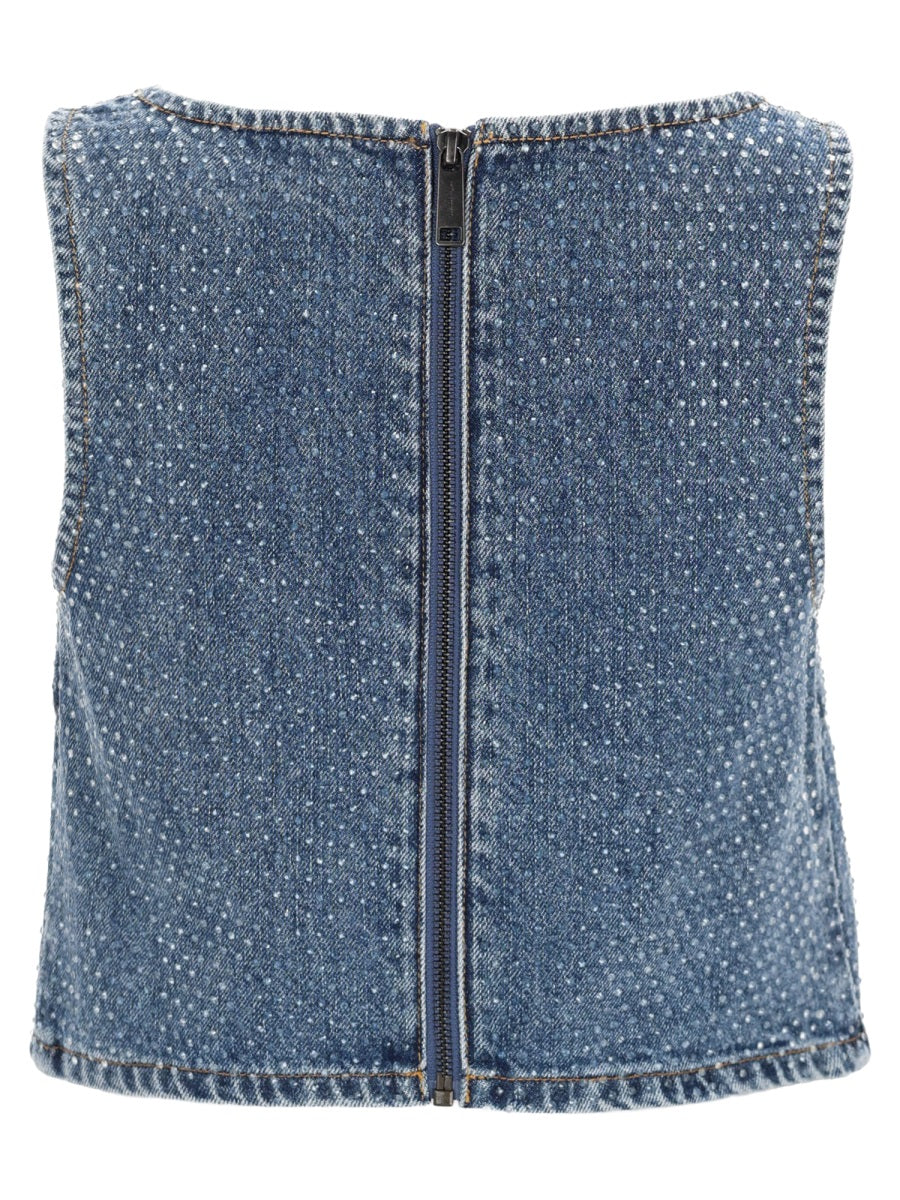 Self-Portrait Women Denim Crop Top With Rhinestones SELF-PORTRAIT