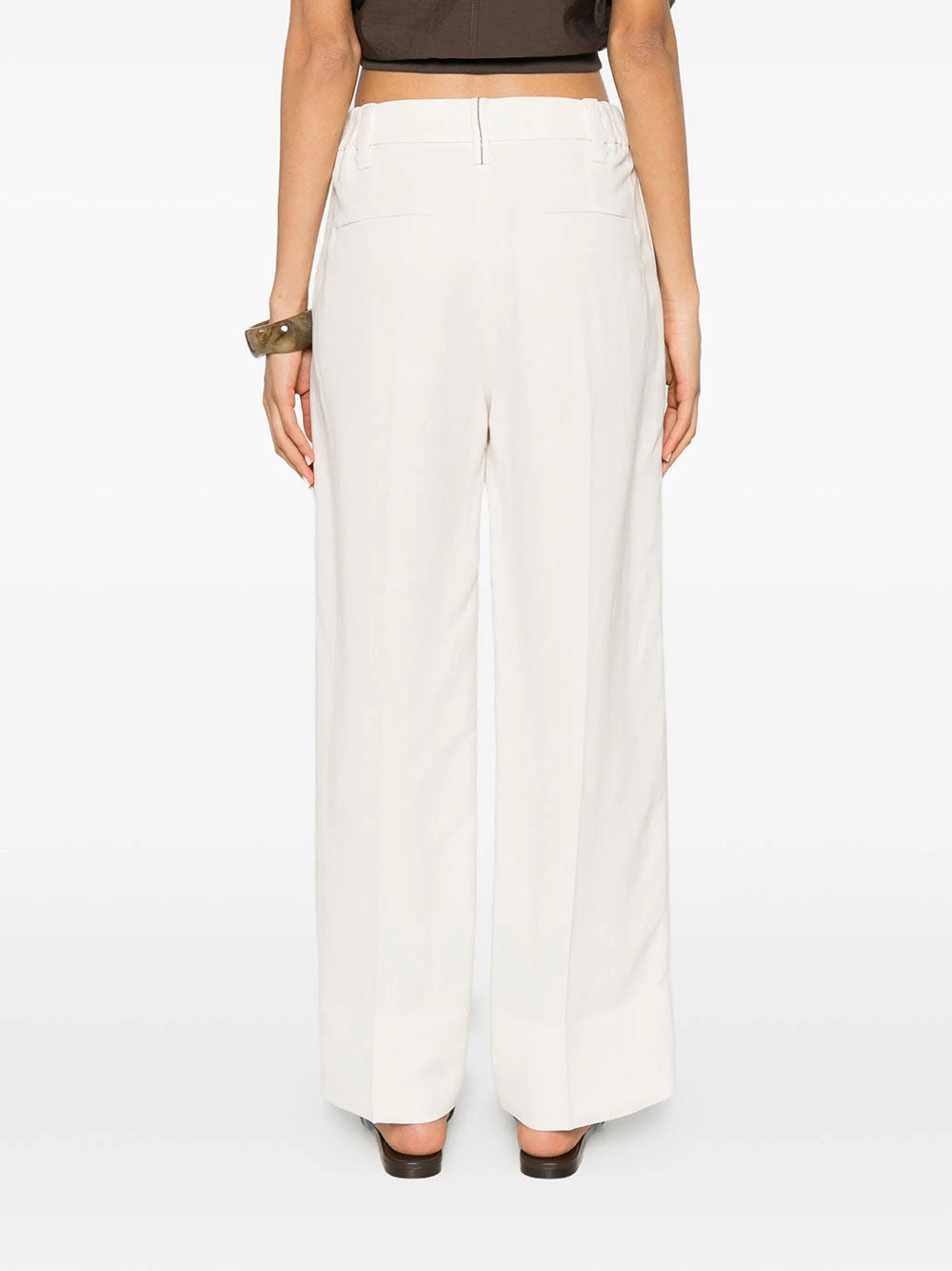 Brunello Cucinelli Women Viscose And Linen Fluid Twill Cigarette Trousers With Monili BRUNELLO CUCINELLI