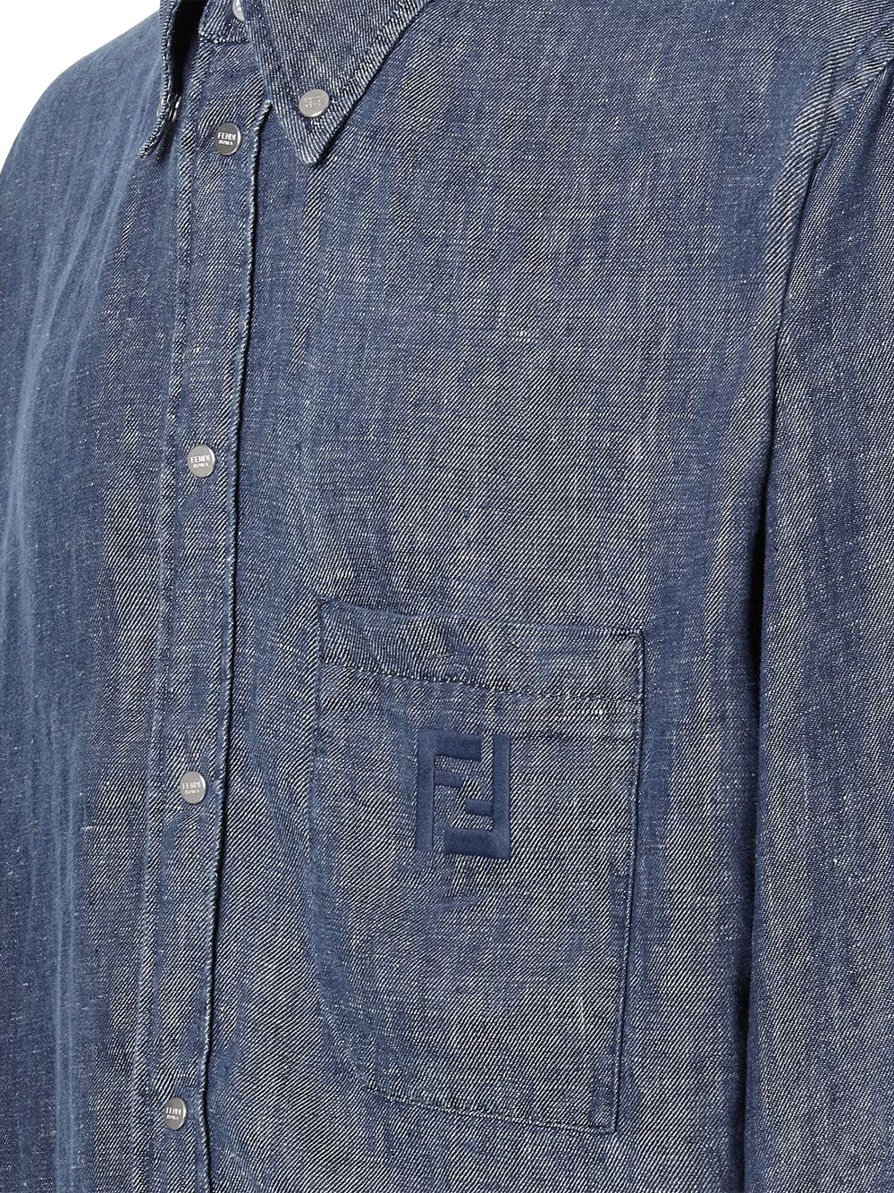 Fendi Men Comfort Fit Chambray Shirt With Ff Embroidery FENDI