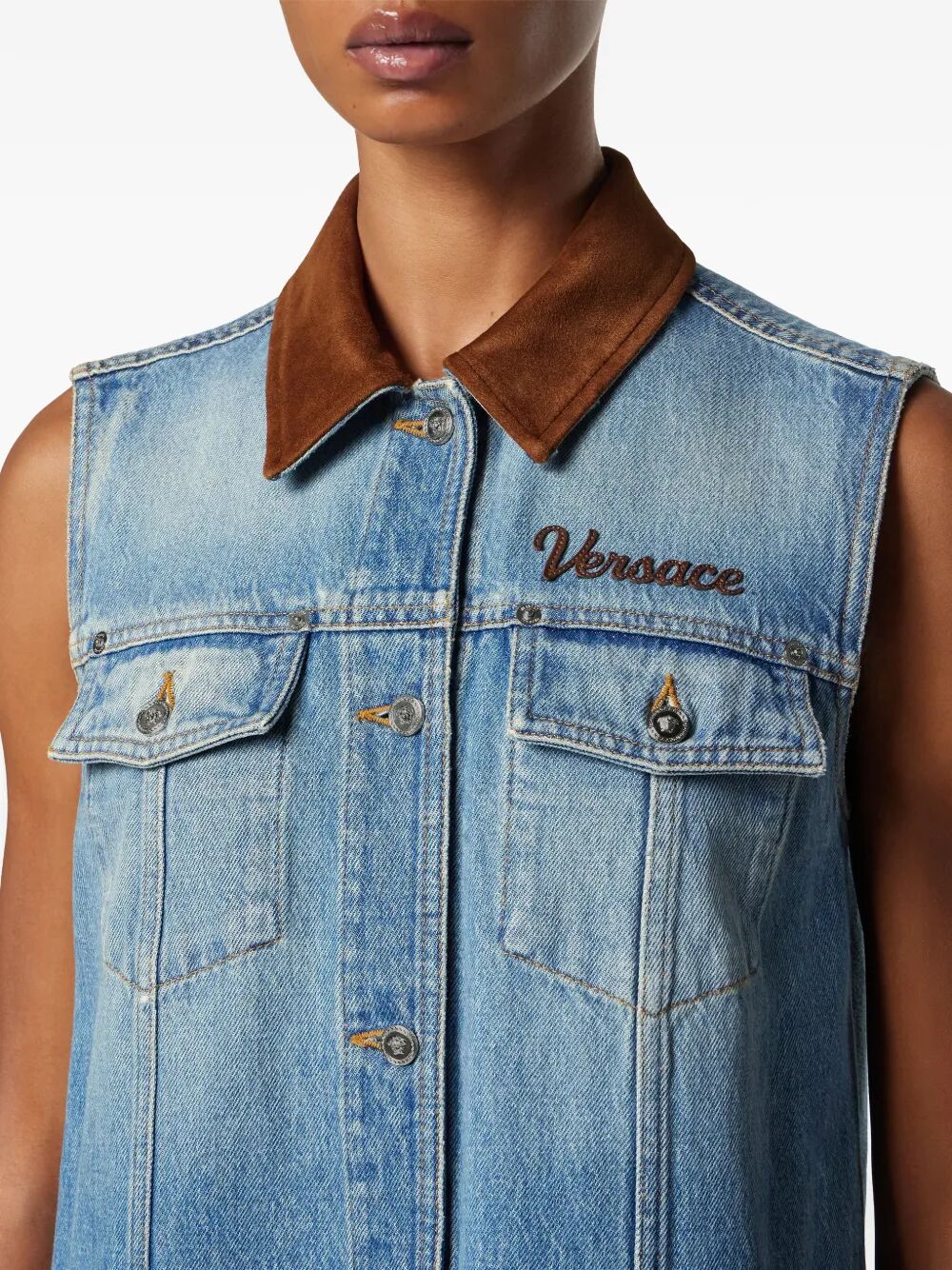 Versace Women Denim A-Line Dress With Suede Details VERSACE