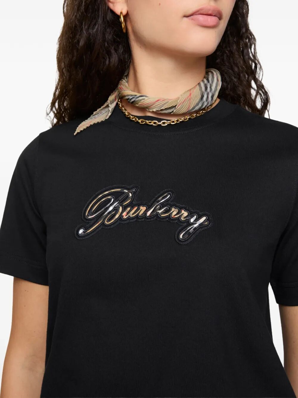 Burberry Women Check Cursive Logo Cotton T-Shirt BURBERRY