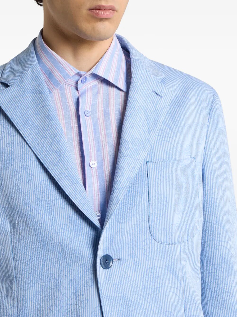 Etro Men Single-Breasted Striped Cotton Jacket With Floral Paisley Motif ETRO