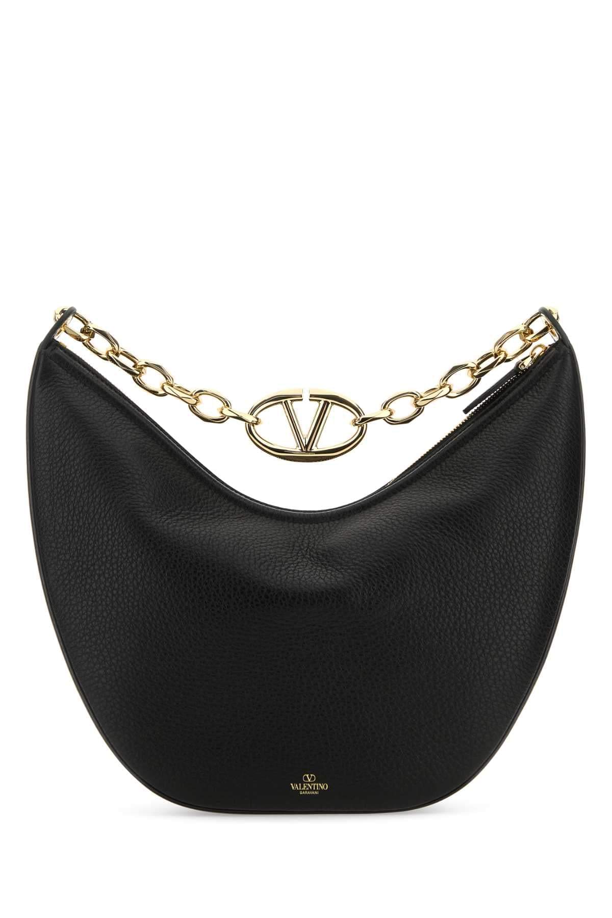 Valentino Garavani Women Black Leather Medium Hobo Vlogo Moon Shoulder Bag VALENTINO GARAVANI