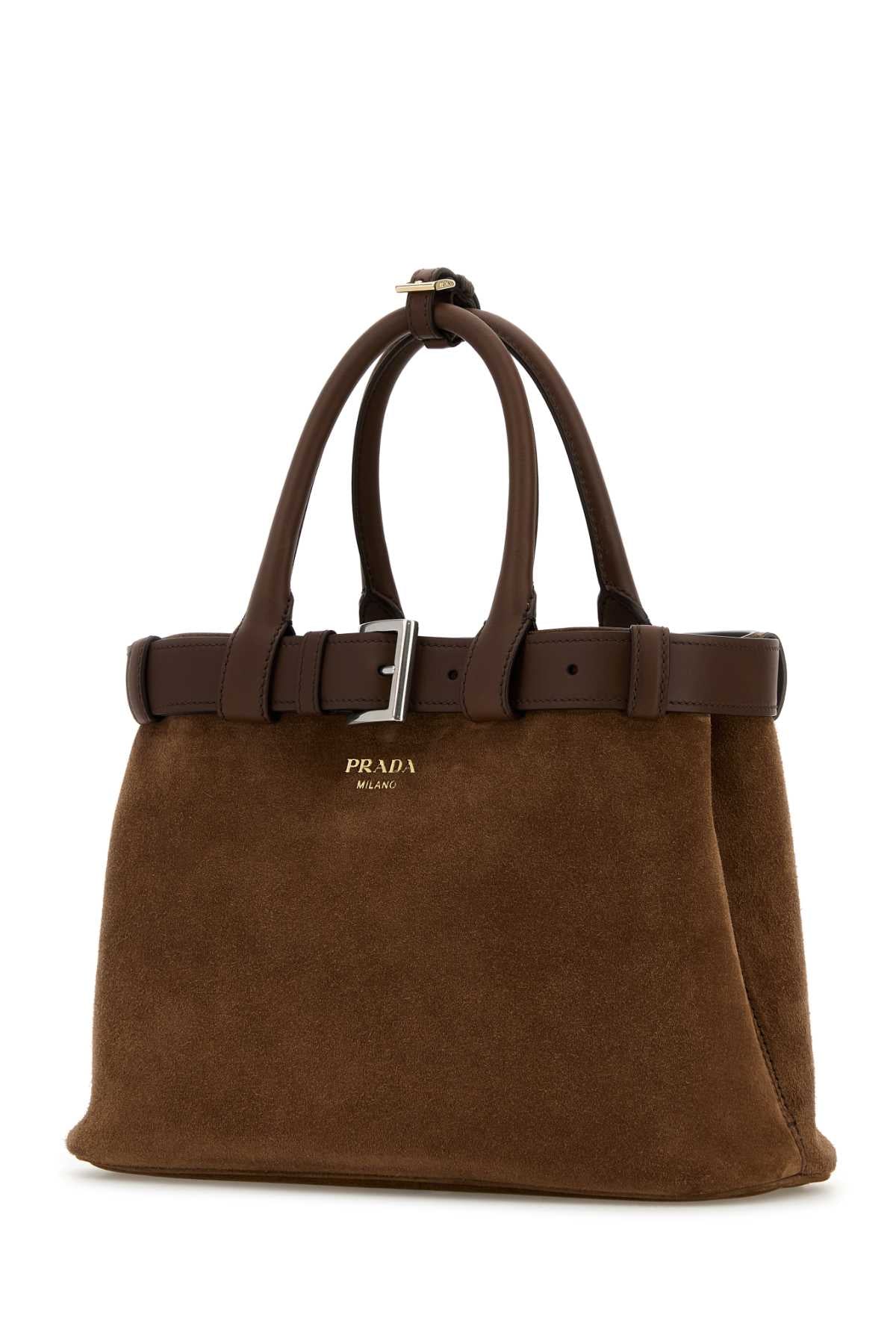 Prada Women Brown Suede Prada Buckle Medium Handbag PRADA