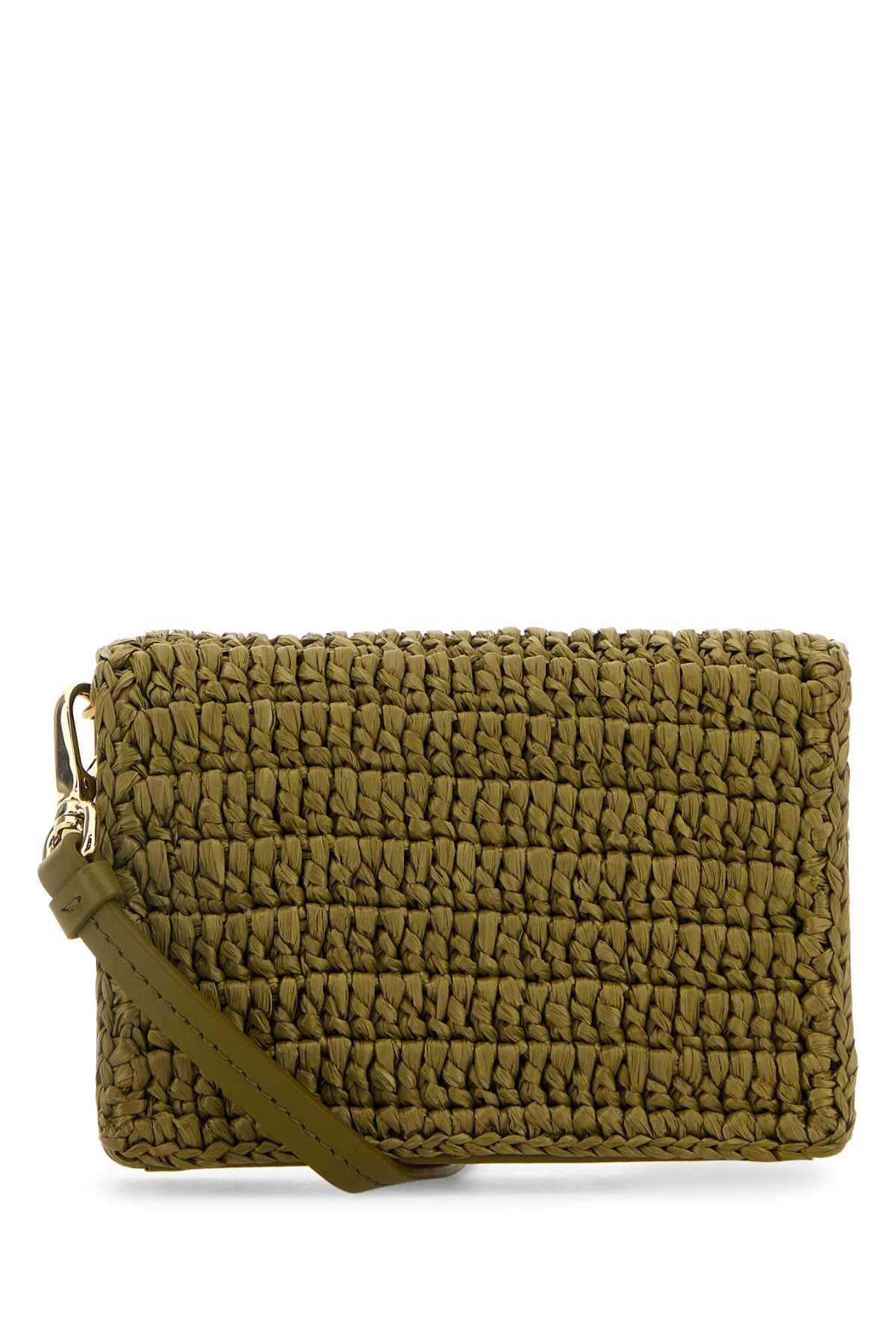 Prada Women Olive Green Raffia Card Holder PRADA