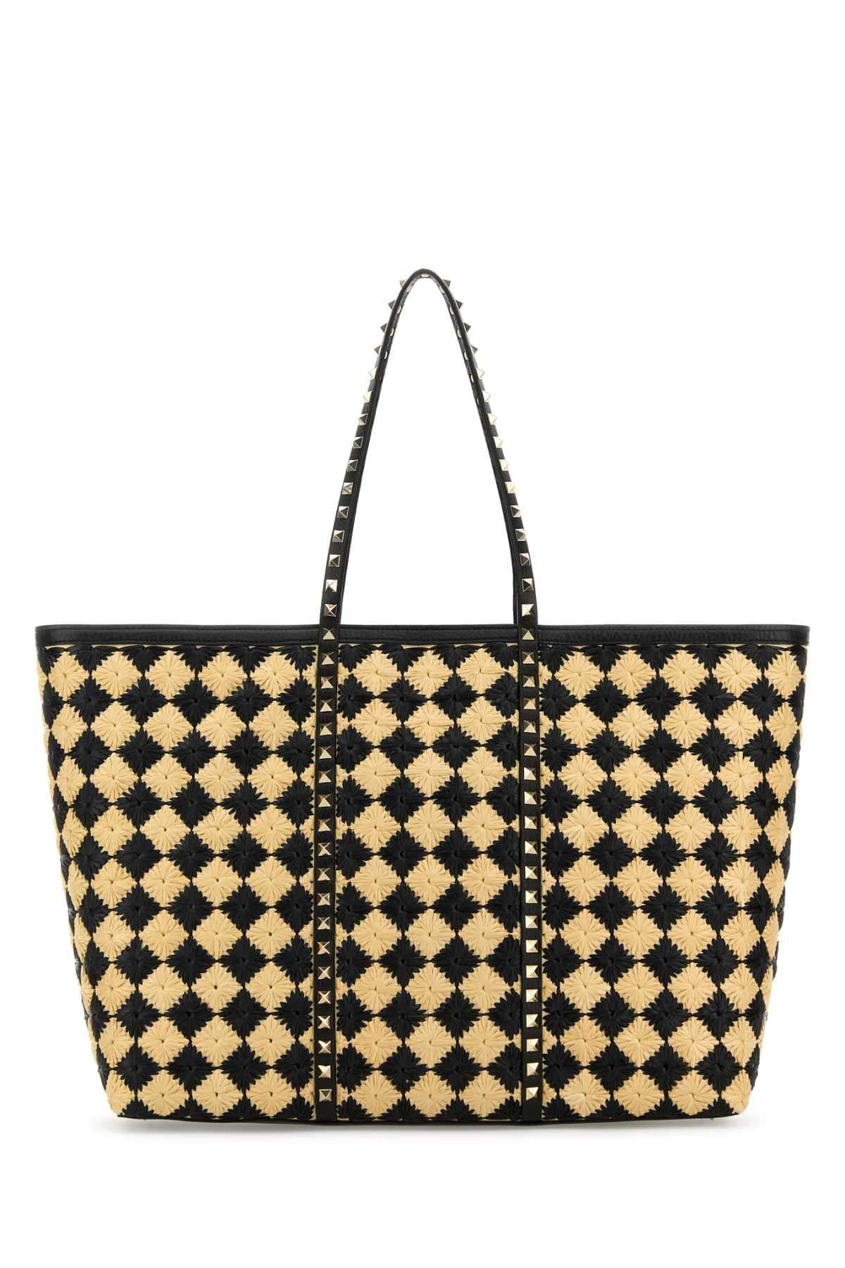 Valentino Garavani Women Embroidered Raffia Rockstud Shopping Bag VALENTINO GARAVANI
