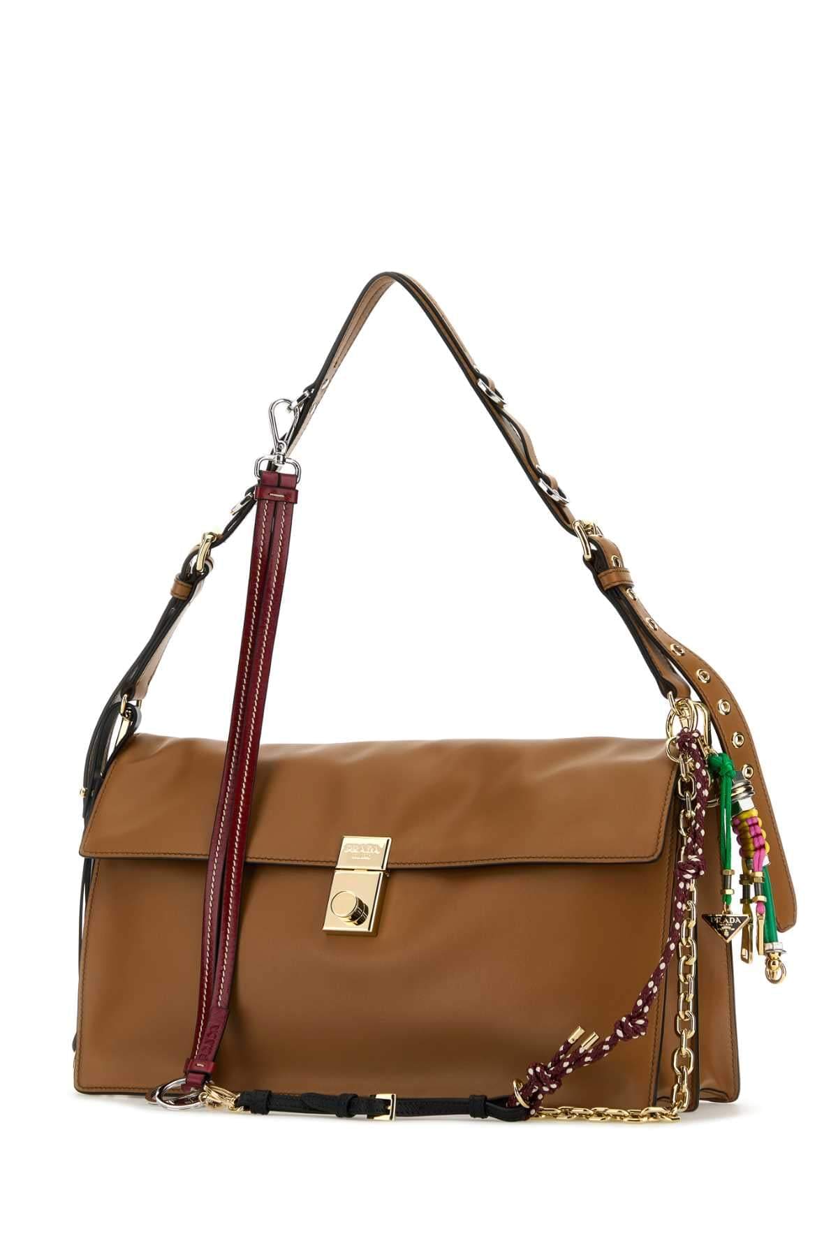 Prada Women Camel Leather Large Prada Soft Sound Shoulder Bag PRADA