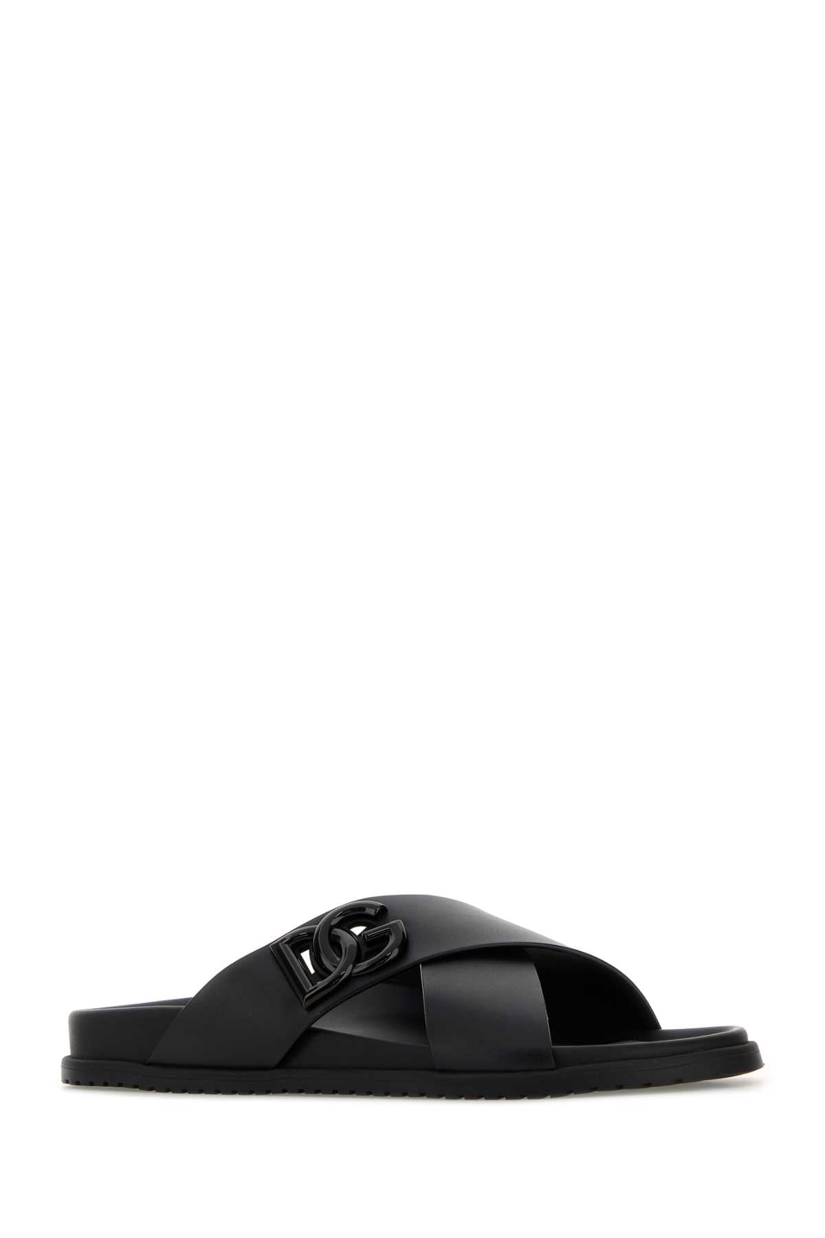 Dolce & Gabbana Men Black Leather Slippers DOLCE & GABBANA