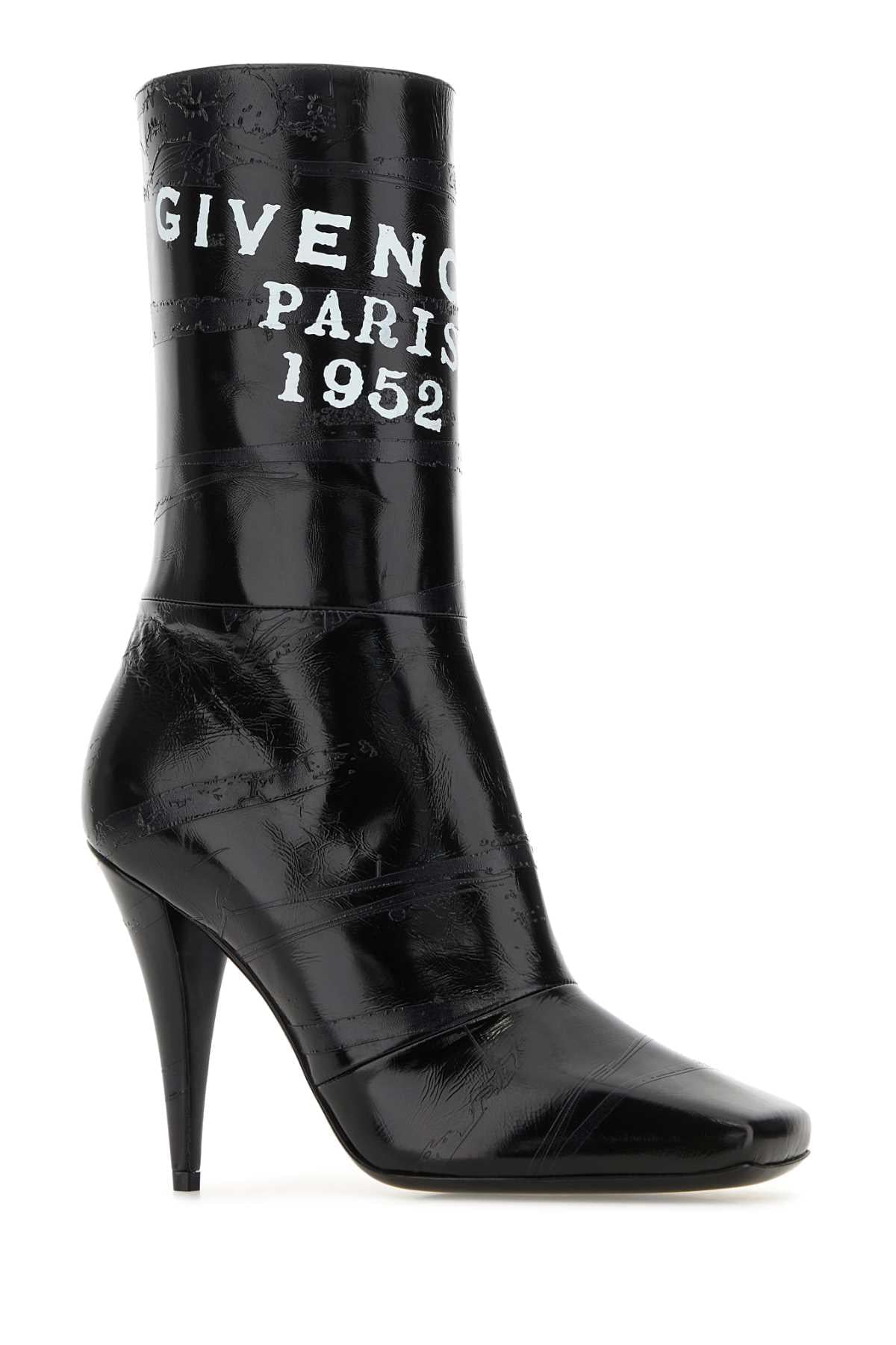 Givenchy Women Black Leather Sliced Square Givenchy Tape Ankle Boots GIVENCHY