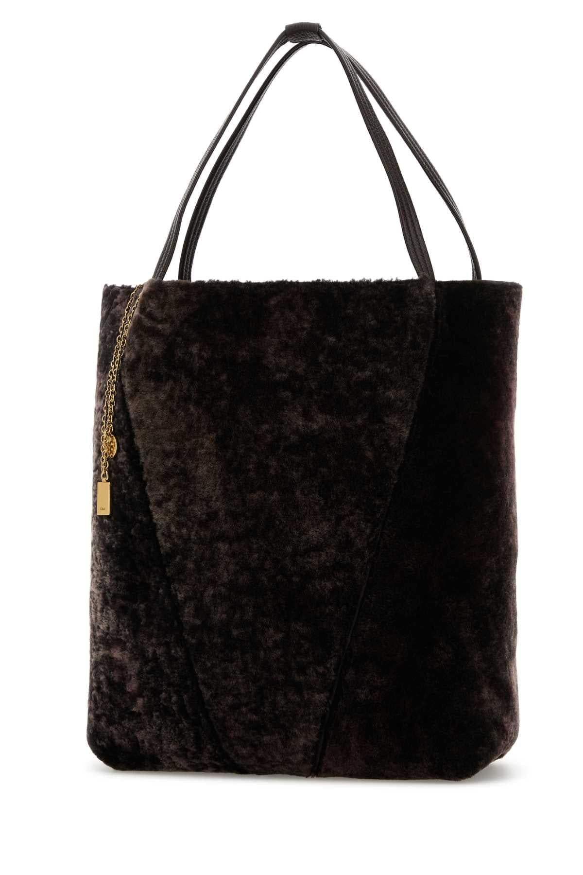 Chloe Women Dark Brown Shearling Large Chlo㨠Spin Shopping Bag CHLOE