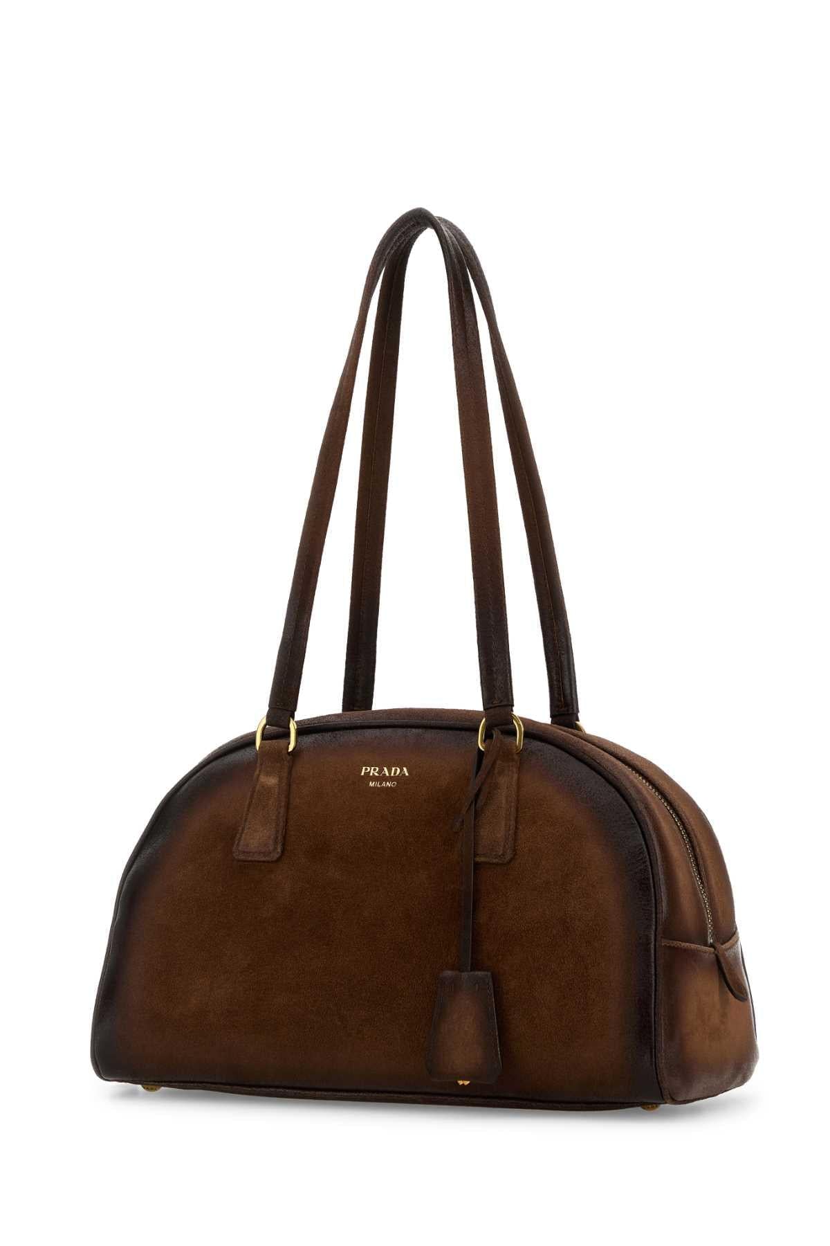 Prada Women Brown Suede Medium Prada Bowling Shoulder Bag PRADA