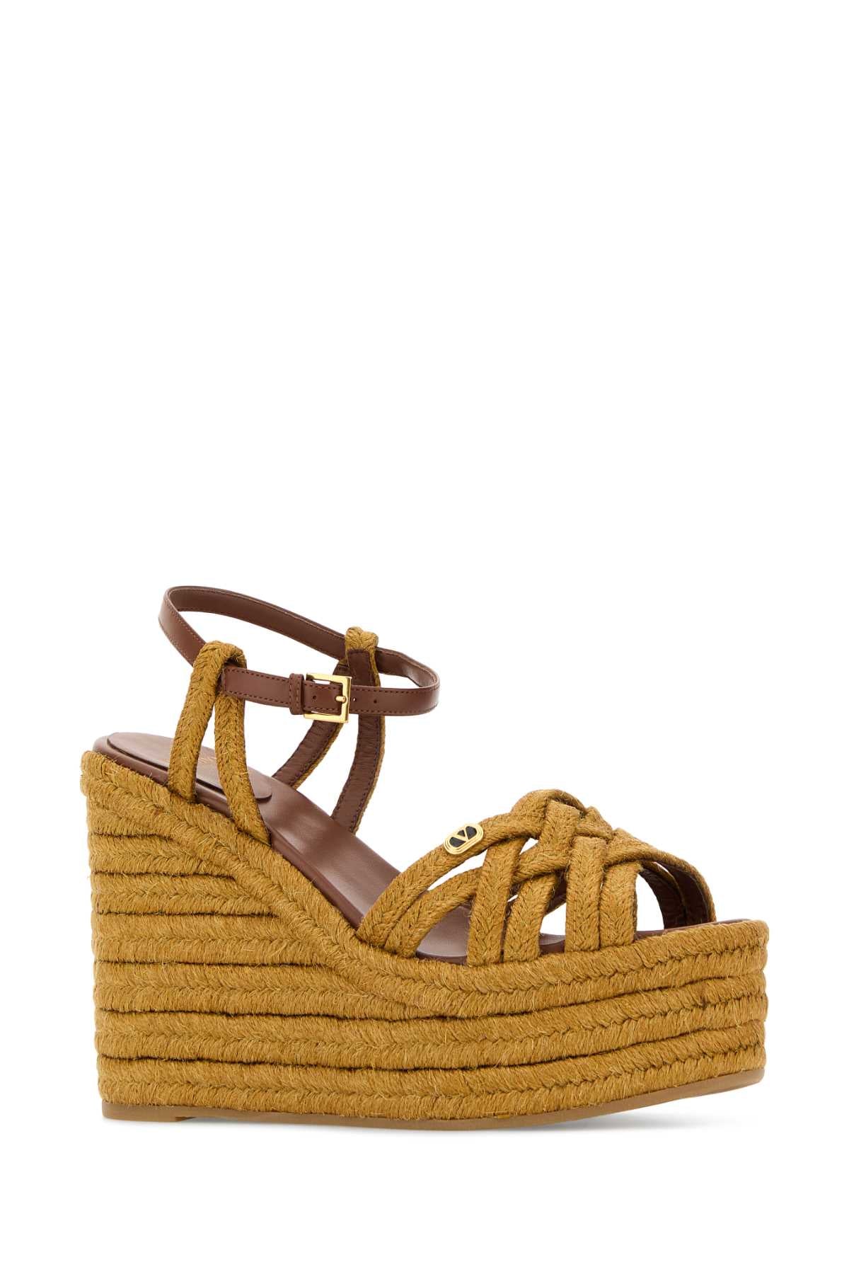 Valentino Garavani Women Mustard Raffia Vlogo Signature Wedges VALENTINO GARAVANI
