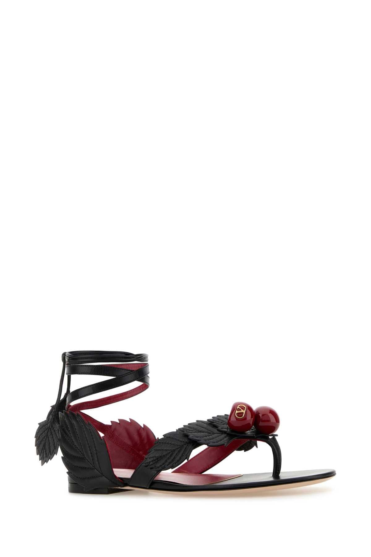Valentino Garavani Women Black Leather Cherryfic Thong Sandals VALENTINO GARAVANI