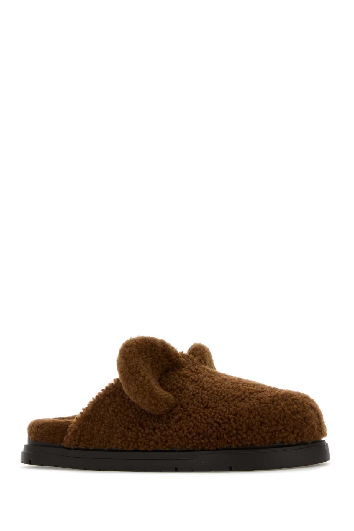 Fendi Men Brown Shearling Slippers FENDI