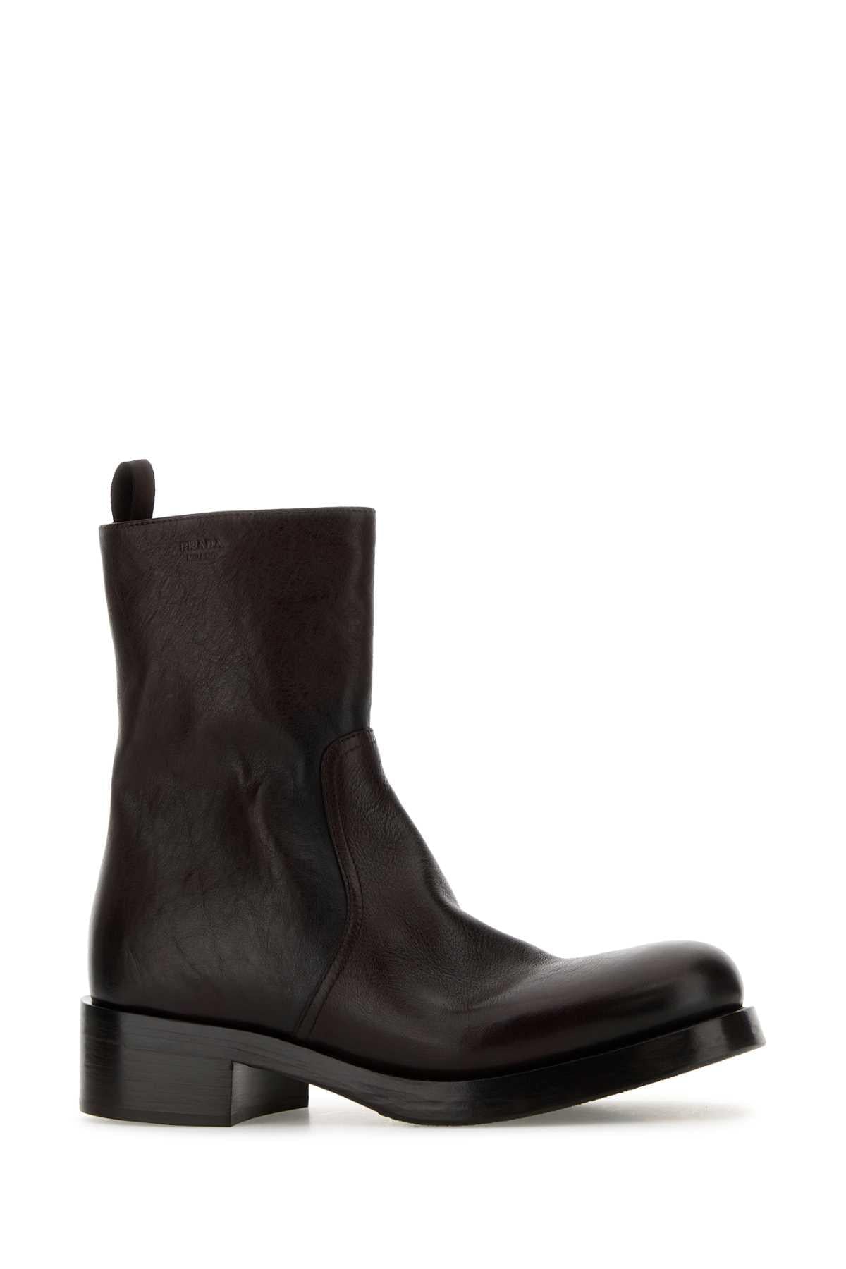 Prada Women Dark Brown Leather Ankle Boots PRADA