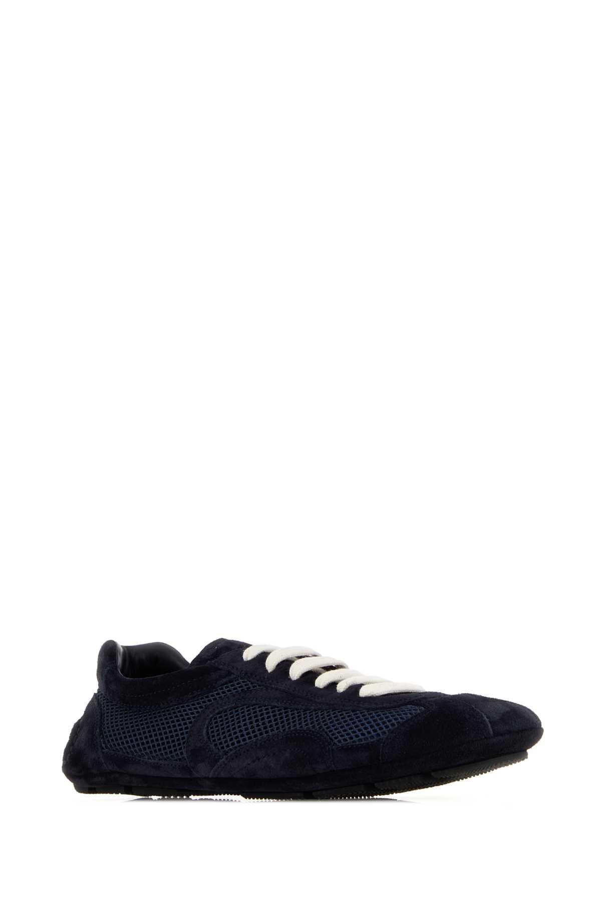 Prada Women Midnight Blue Suede And Mesh Montecarlo Sneakers PRADA