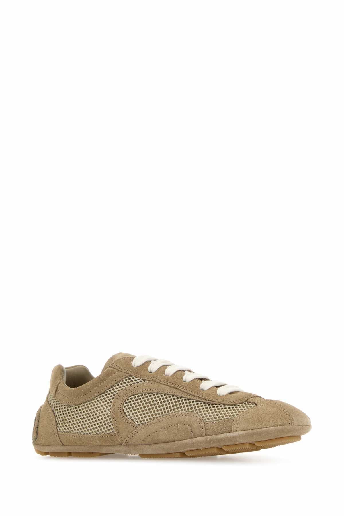 Prada Women Beige Suede And Mesh Montecarlo Sneakers PRADA