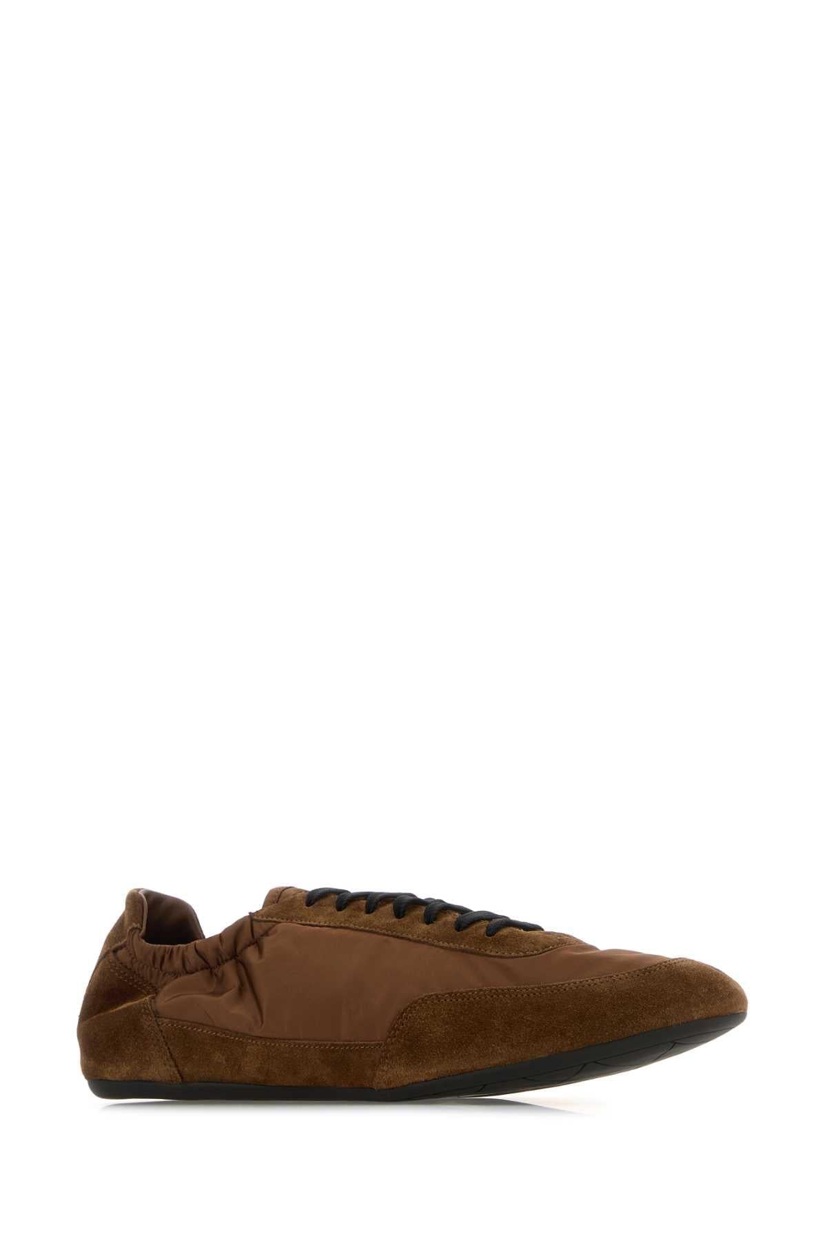 Prada Men Brown Nylon And Suede Sneakers PRADA