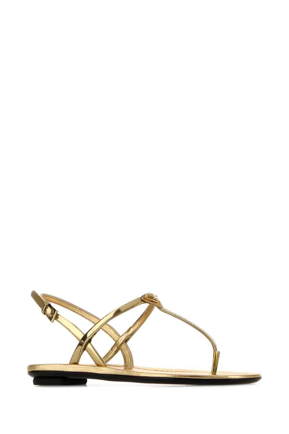 Prada Women Gold Leather Thong Sandals PRADA