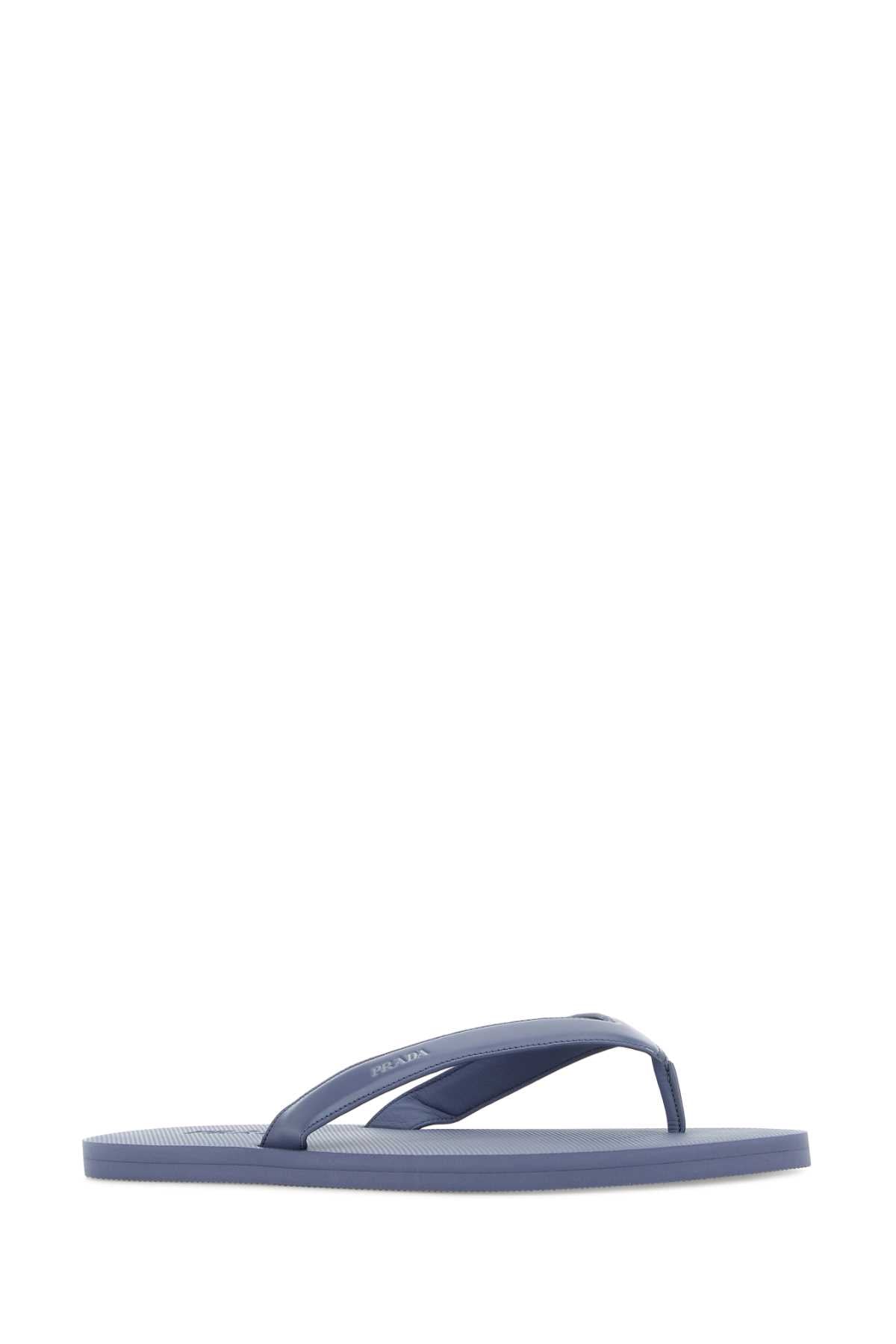 Prada Men Cerulean Blue Leather Thong Slippers PRADA