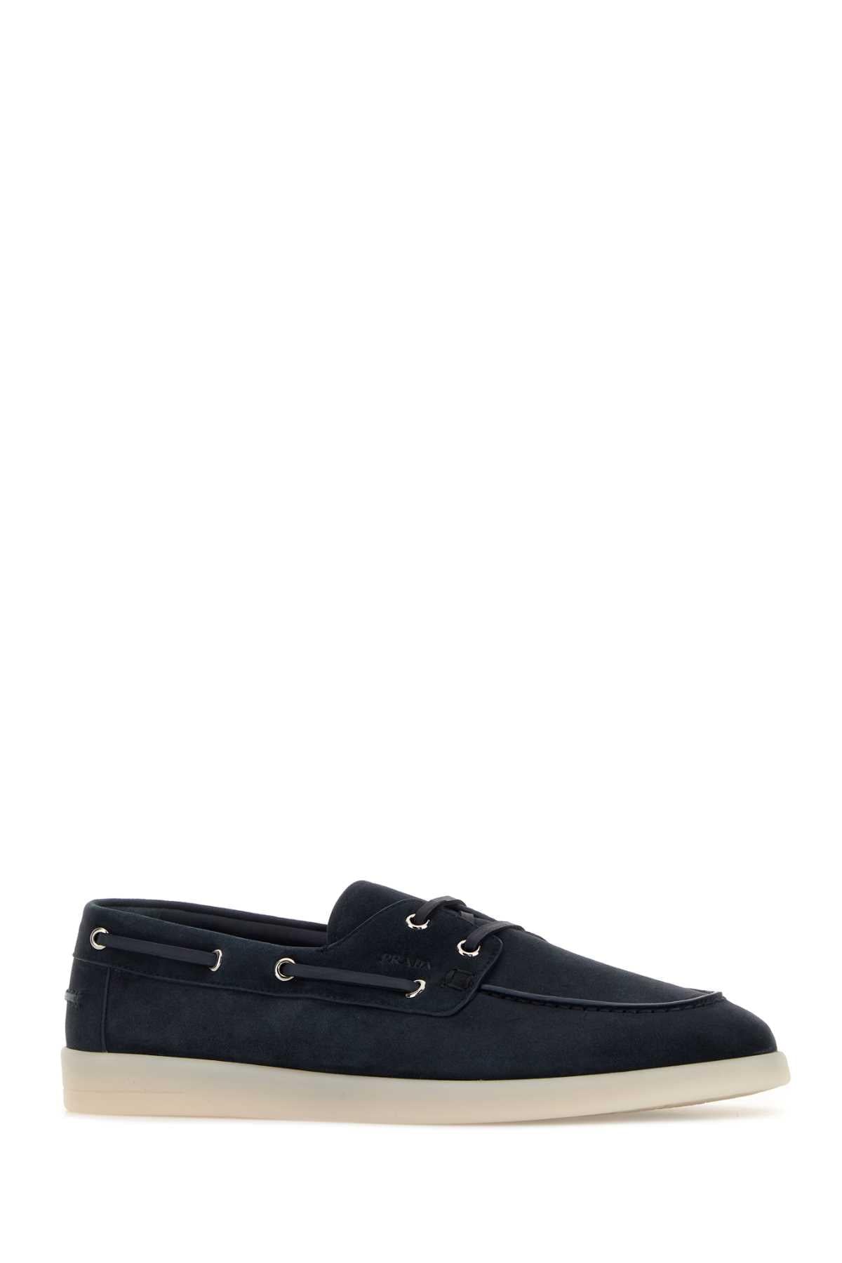 Prada Men Navy Blue Suede Loafers PRADA