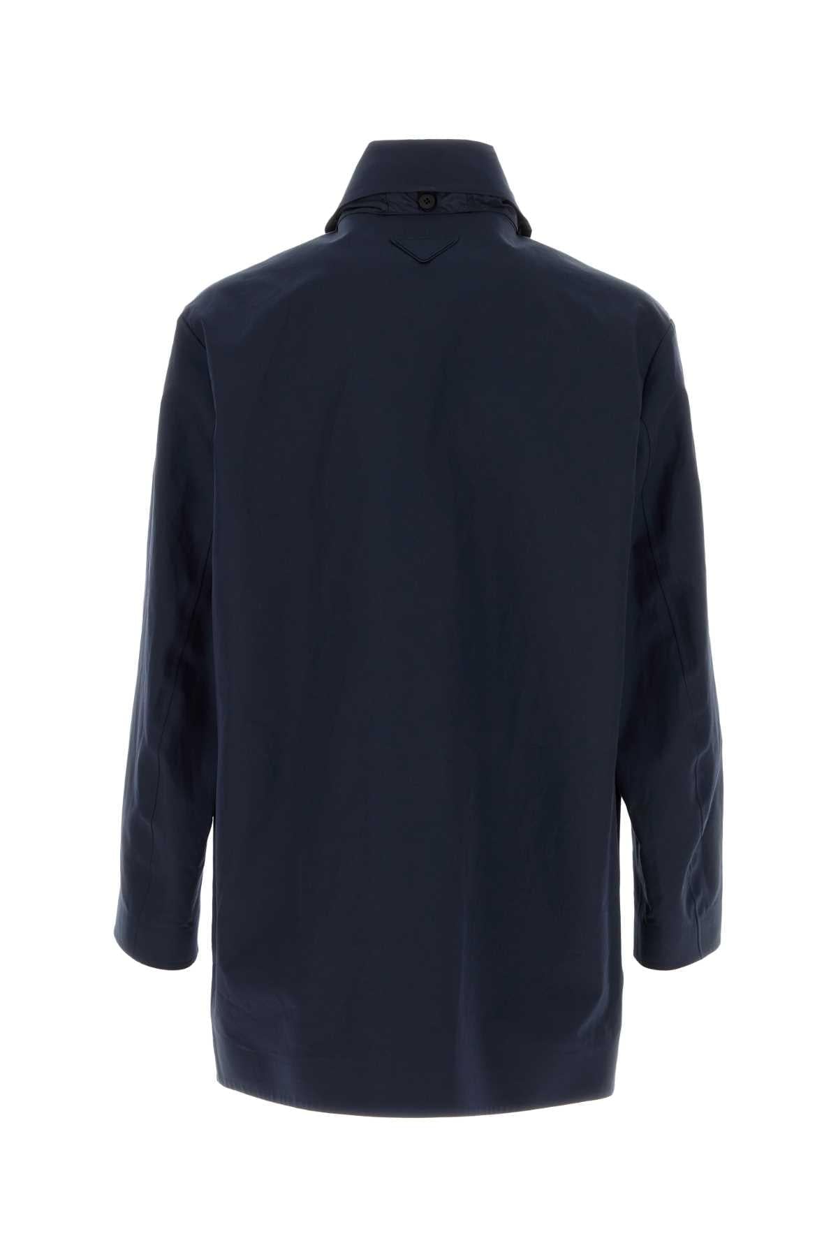 Prada Men Navy Blue Poplin Overcoat PRADA
