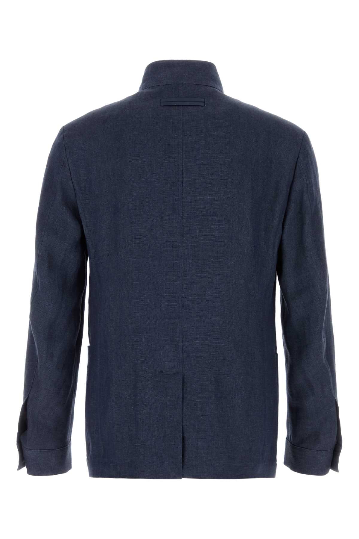 Zegna Men Navy Blue Linen Blazer ZEGNA