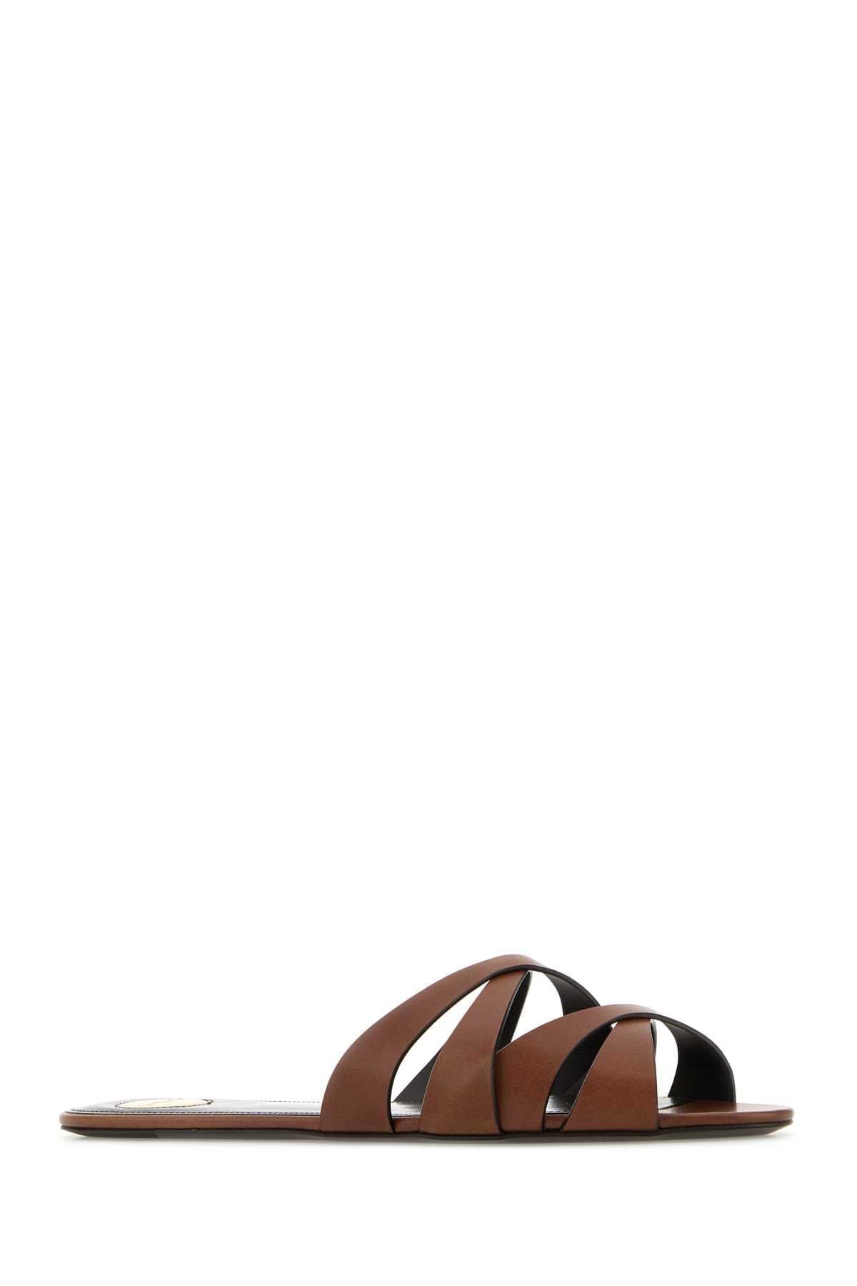 Saint Laurent Women Brown Leather Chandelle Slippers SAINT LAURENT