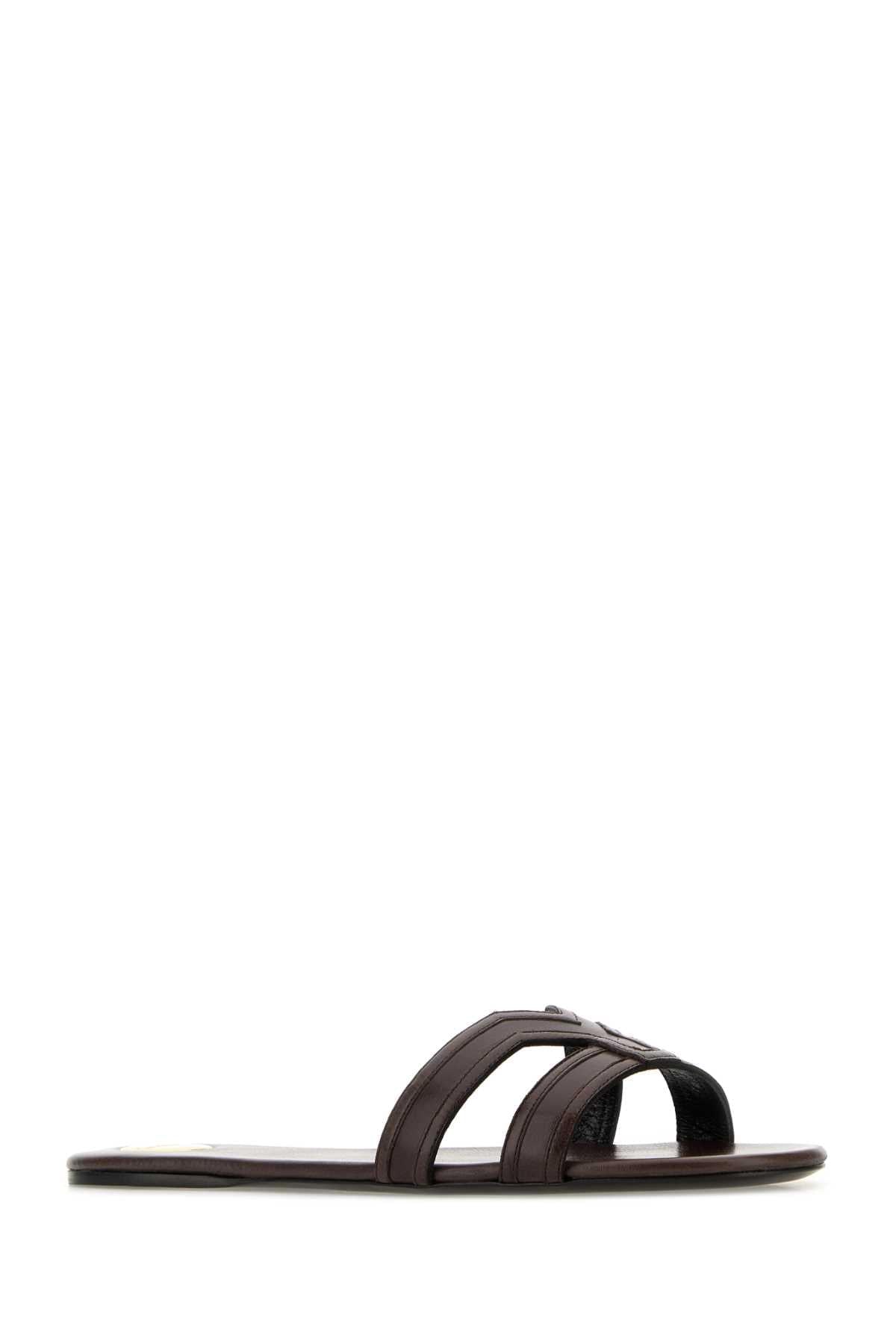 Saint Laurent Women Brown Leather Mabrouka Slippers SAINT LAURENT