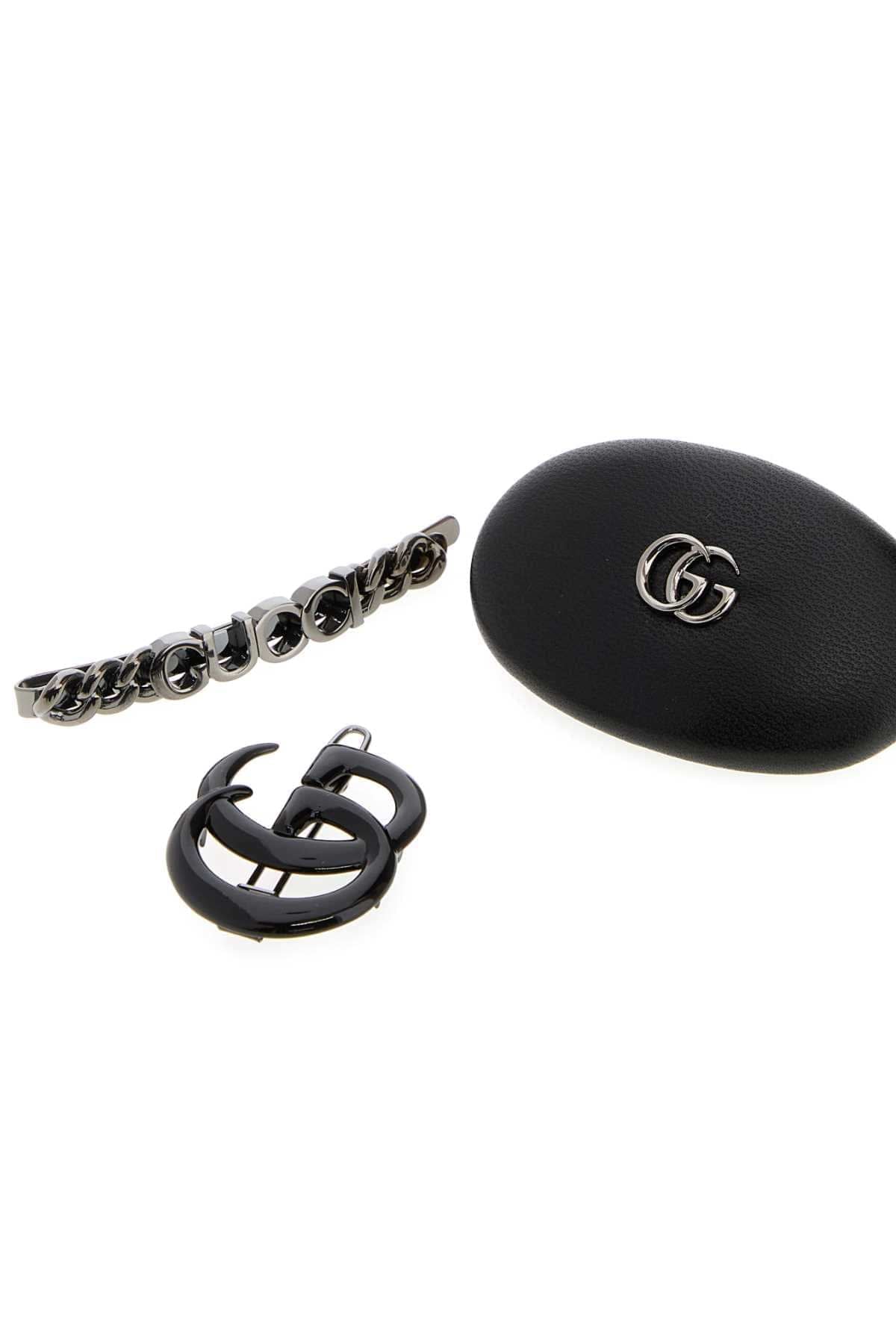 Gucci Women Black Leather And Metal Hair Clips Set GUCCI