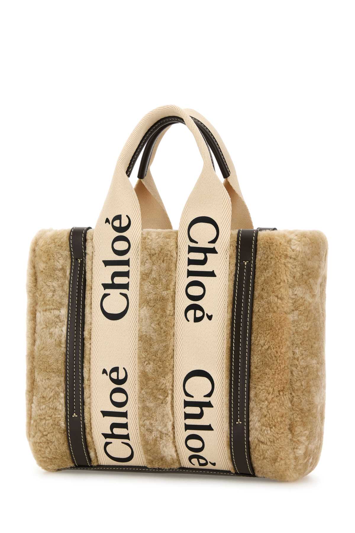 Chloe Women Beige Shearling Small Woody Shopping Bag CHLOE