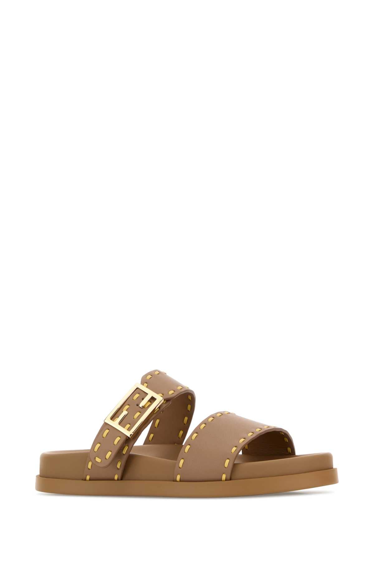 Fendi Women Cappuccino Leather Fendi Feel Slippers FENDI